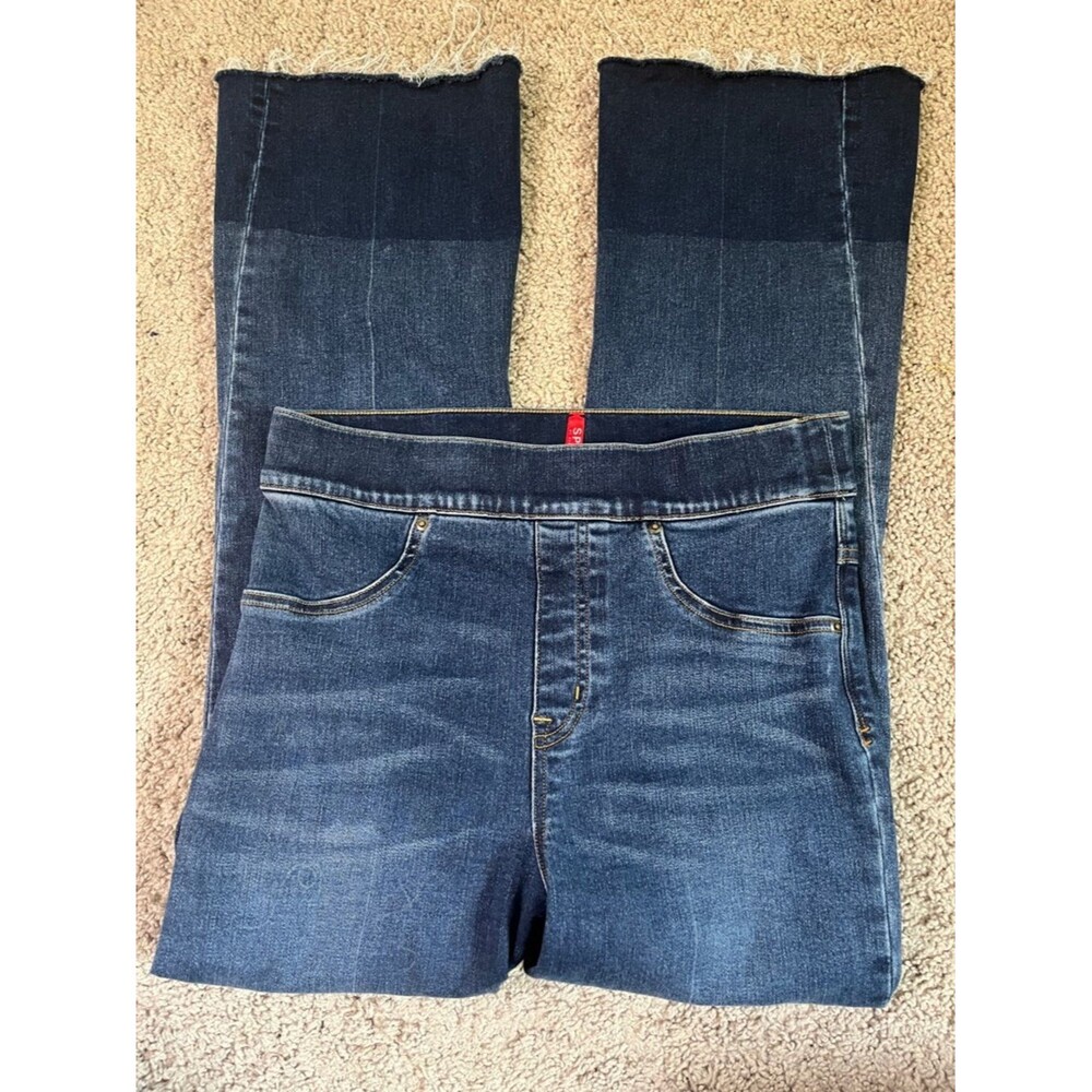 Spanx Dark Blue Pull On Stretch Flare Raw Hem Jeans Size Small
